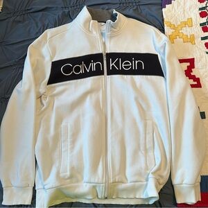 Calvin Klein Gray and White Fleece Zip Hoodie with Black Trim